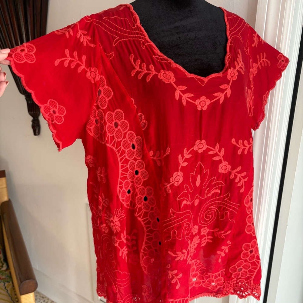 Johnny Was Red Embroidered Floral Tunic Top